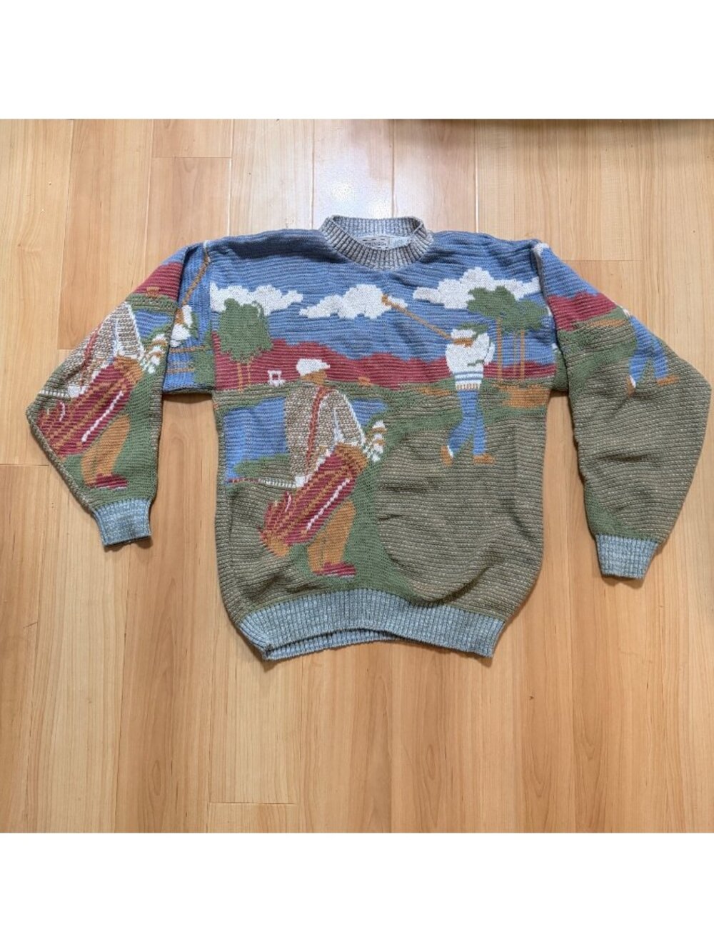Crossings Vintage Golf-Themed Knit Sweater Crew Neck Colorful Graphic Size M